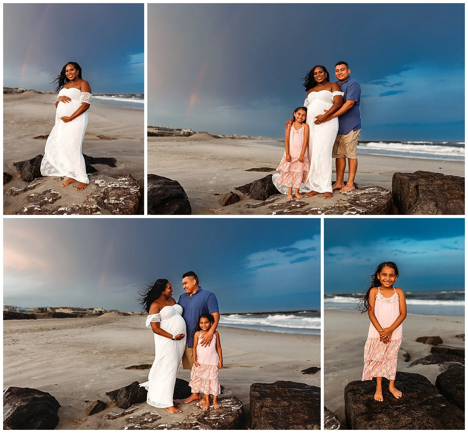 family standing on a jetty with cloudy sky and a rainbow behind them mom is pregnant in white gown