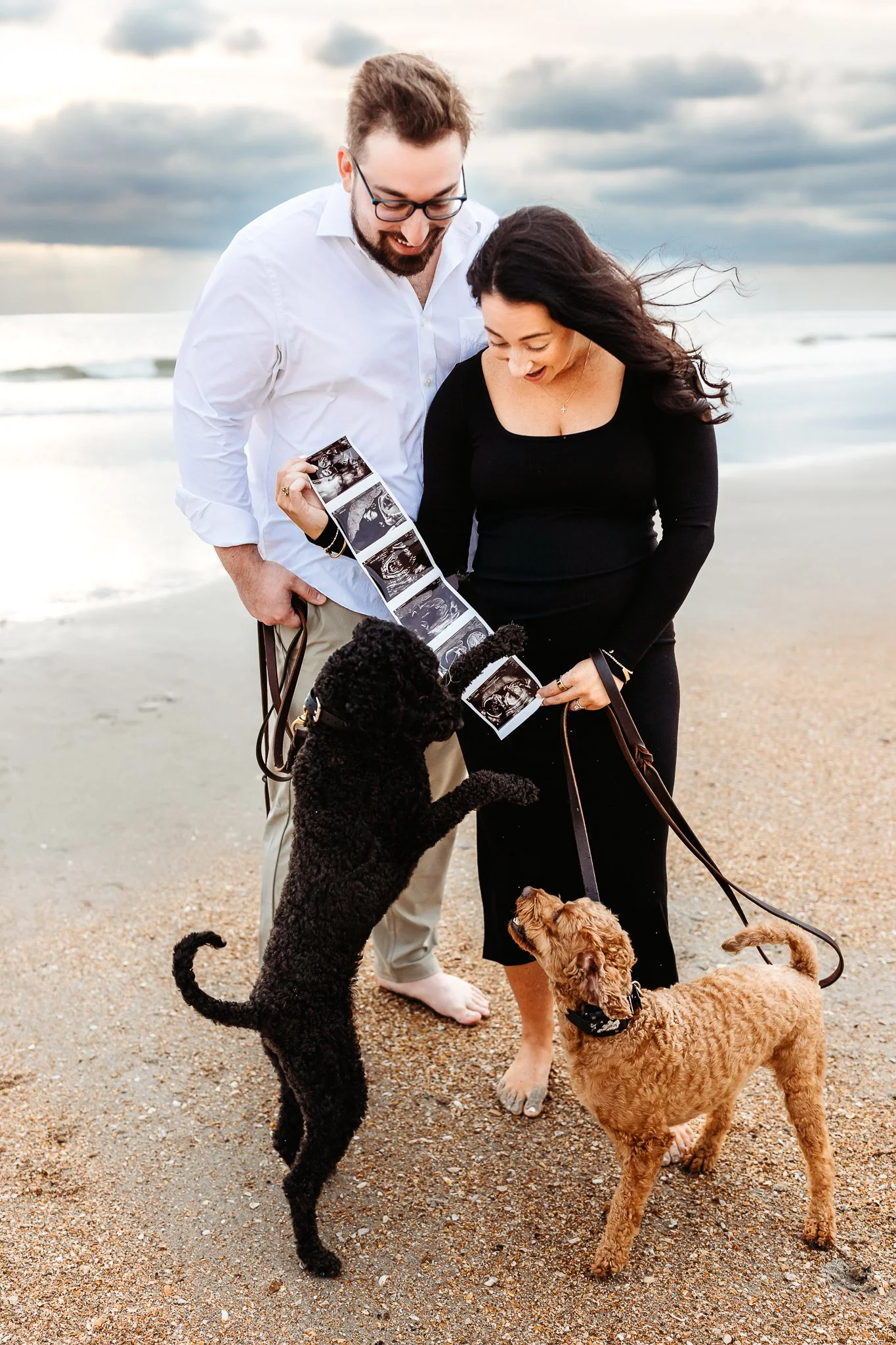 Expecting couple embracing with sonogram photographs in their hands at Guana North an dog jumping on the sonogram