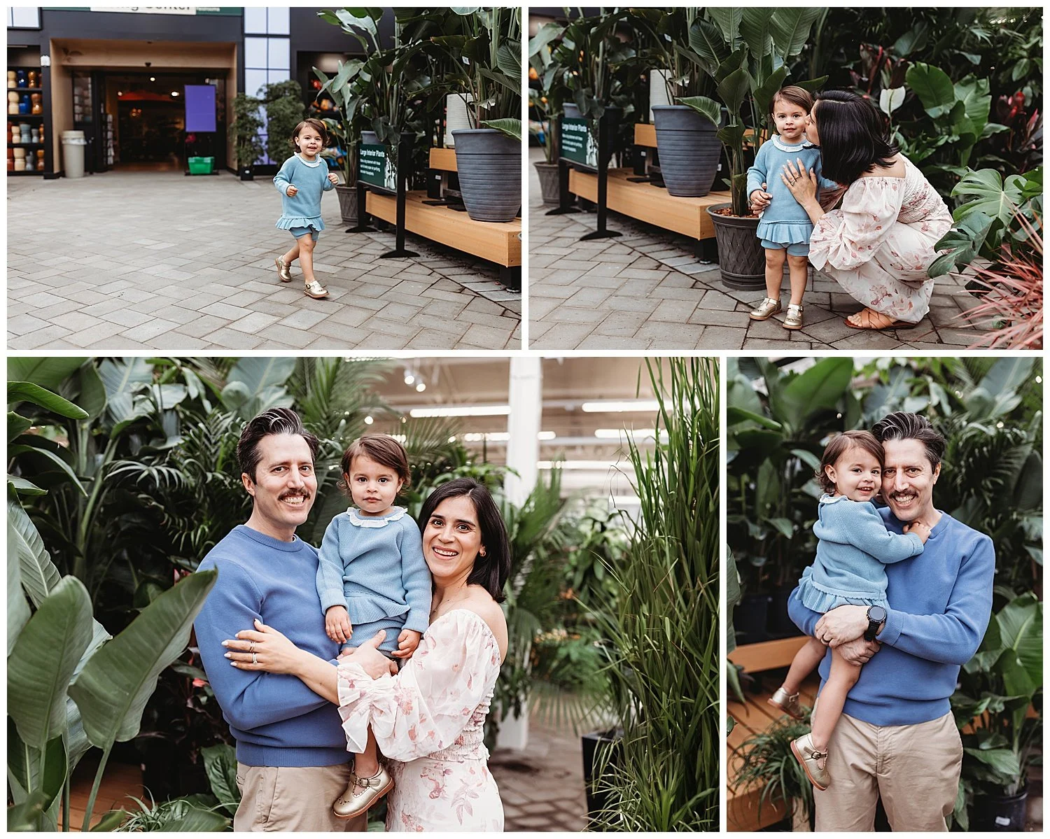 little girl running through greenhouse and laughing and mom catching her and kissing her