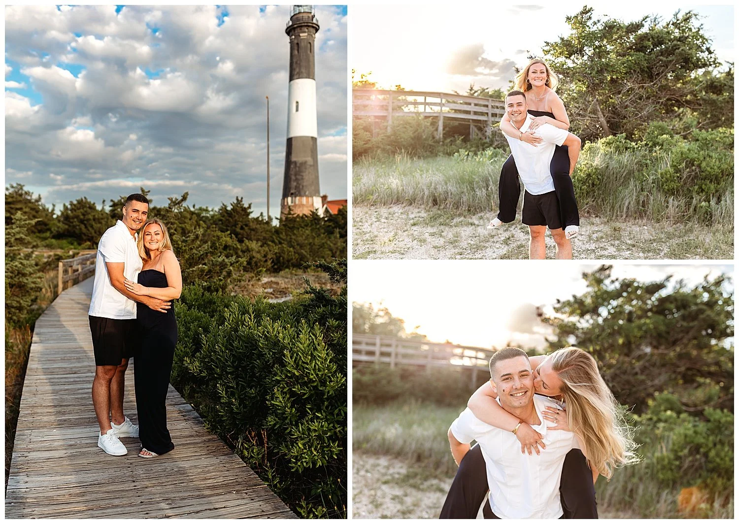 girl on man's back with sunset and boardwalk behind them they are laughing