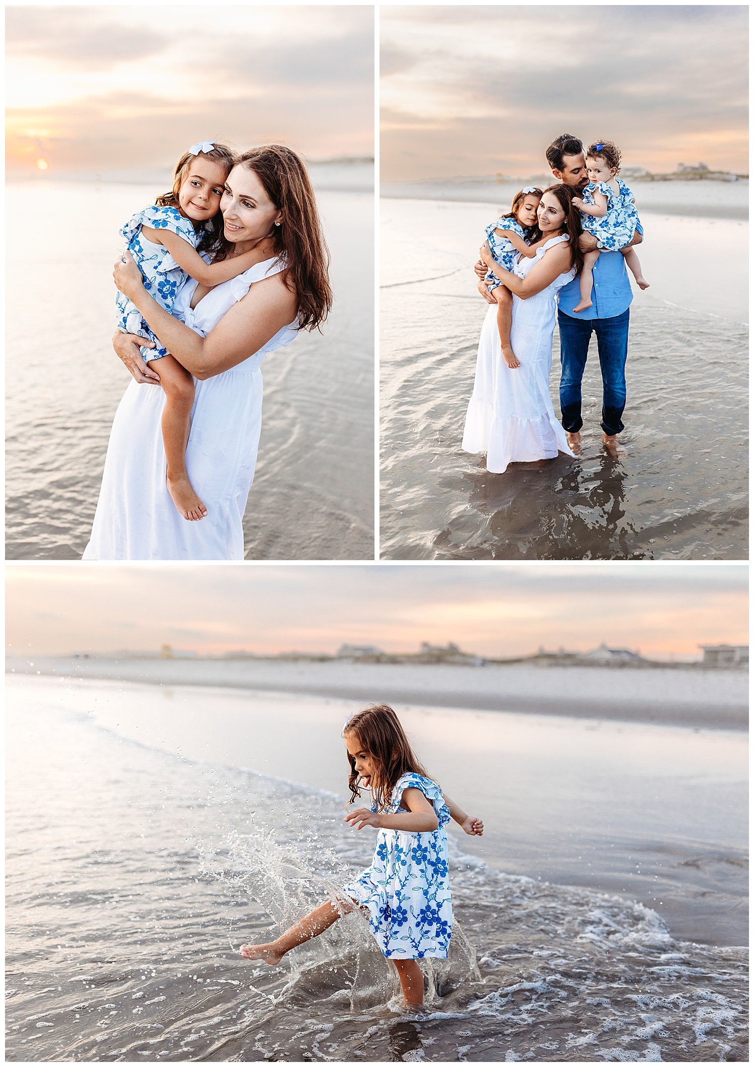 family embraced and looking at children while standing in the ocean at sunset