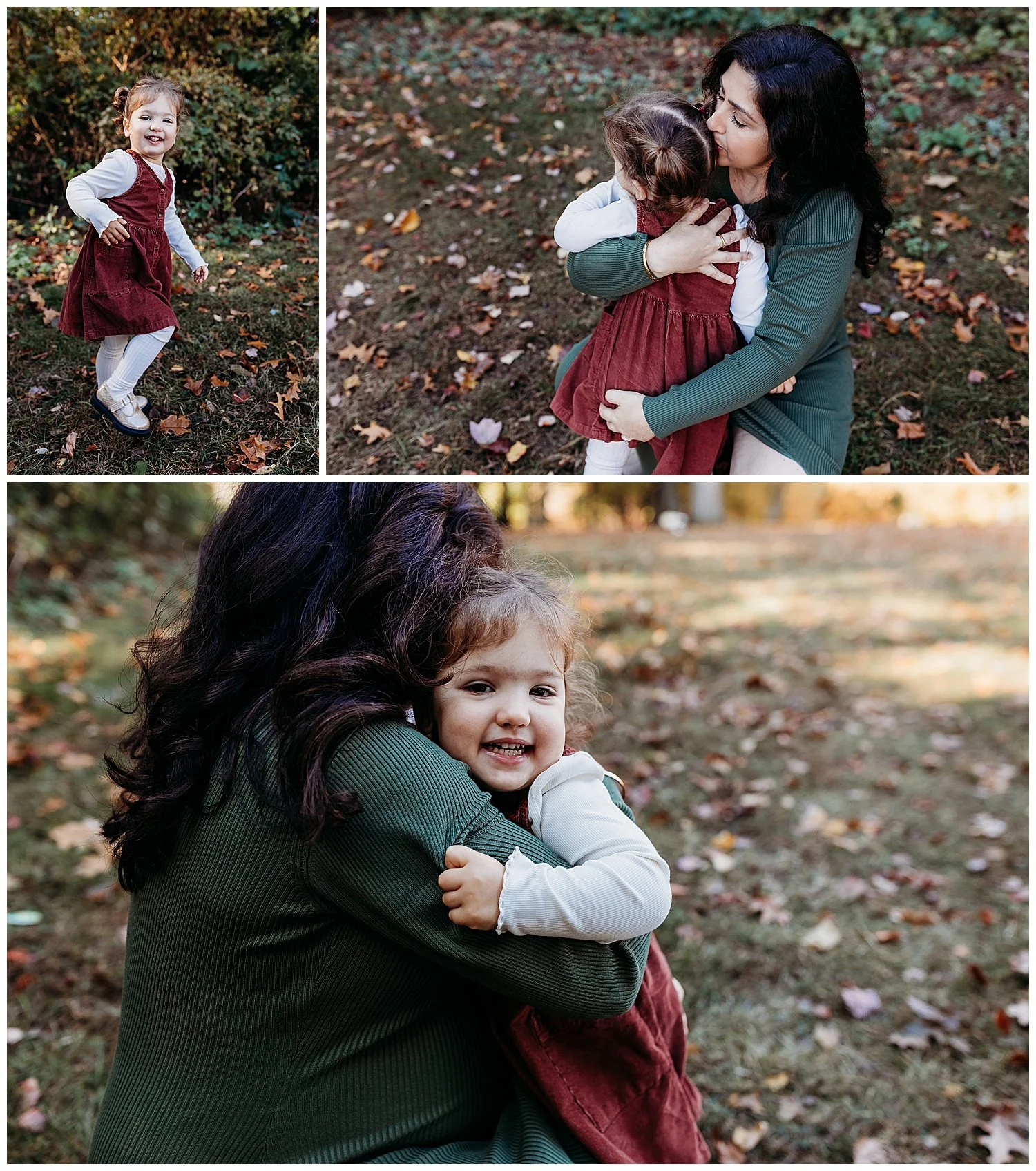 mother kneeling and embracing toddler girl and kissing her in sage green dress and toddler is in a maroon jumper dress leaves all over the ground