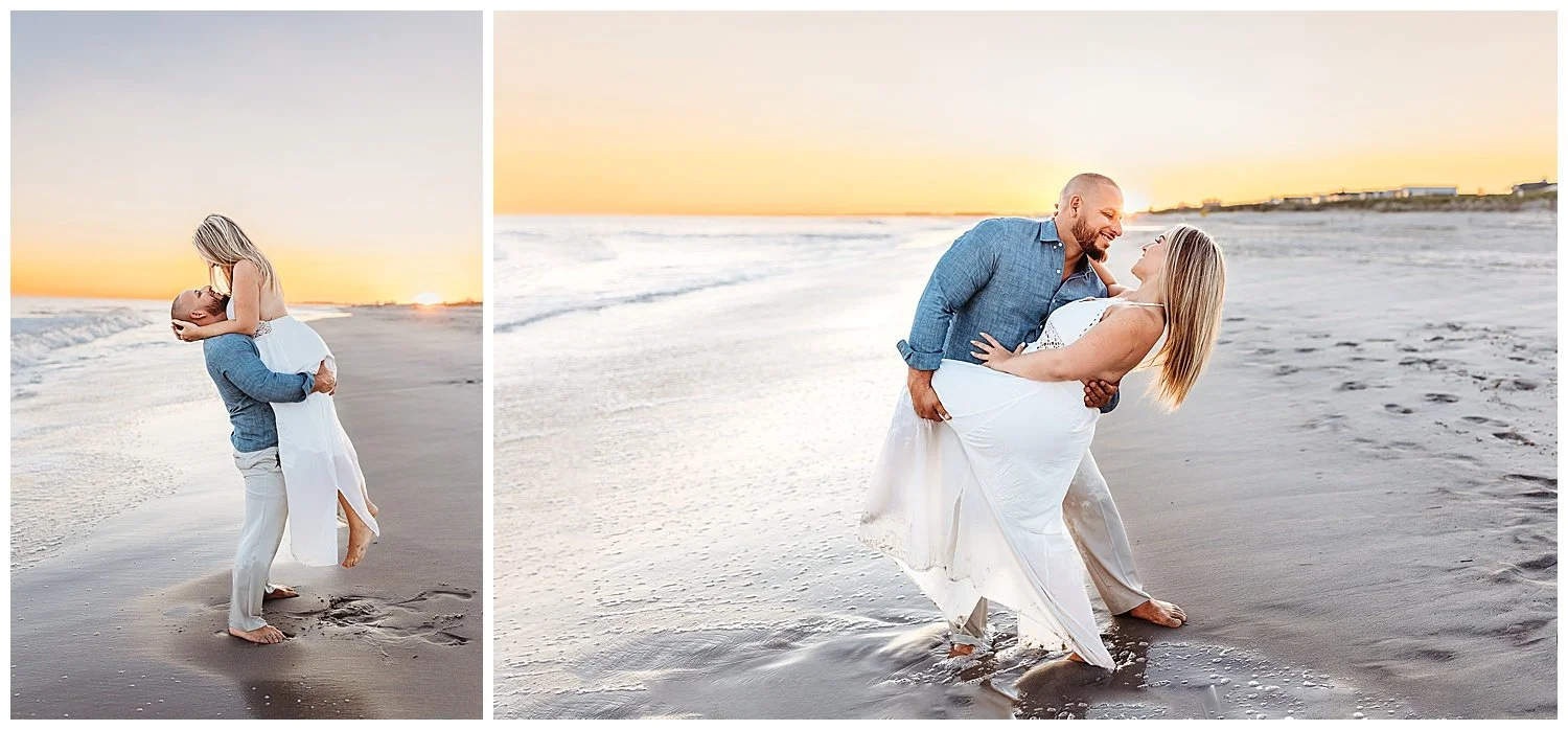 Couple embracing on Jacksonville Beach during golden hour photo session