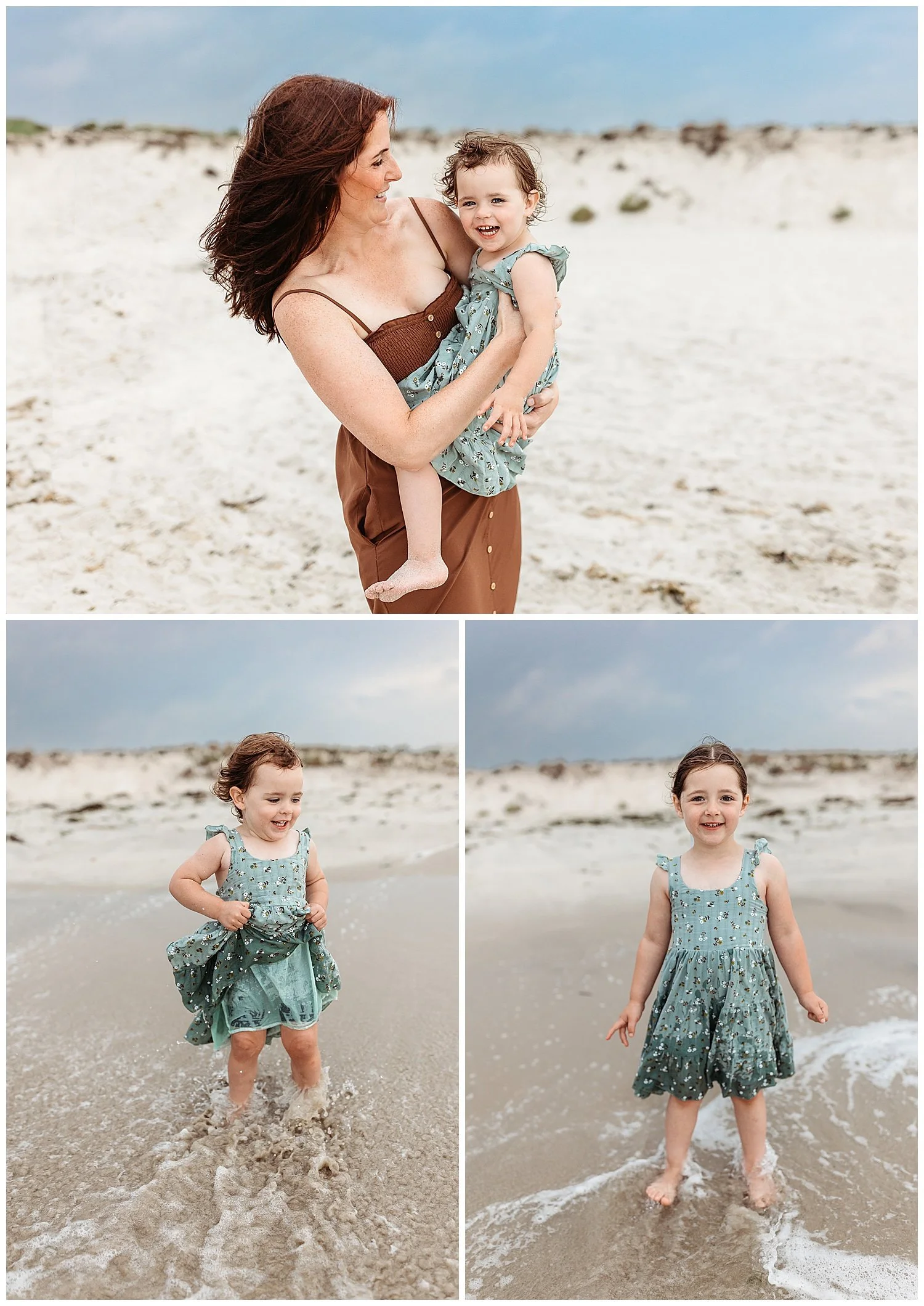 mother twirling toddler gilr who is laughing blue cloudy grey sky