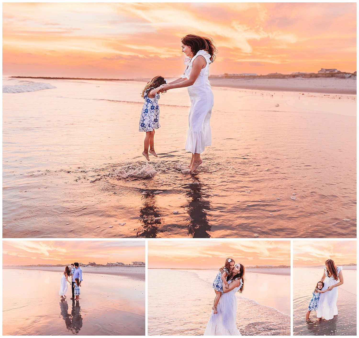 mother holding daughter's hands and jumping over waves with a golden pink and purple sky behind them