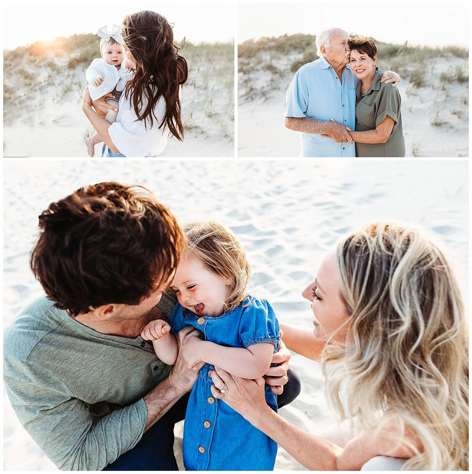 grandfather kissing his wife and children playing with their daughter tickling her and she is laughing. they are all on the beach at sunset