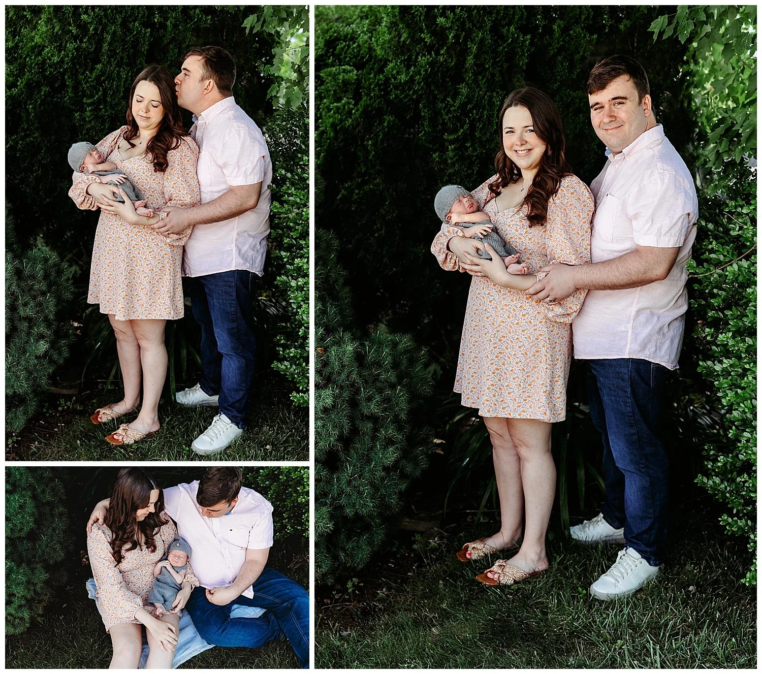 husband and wife outside in a graden holding baby boy in knit grey romper dad kissing wife baby on lap smiling