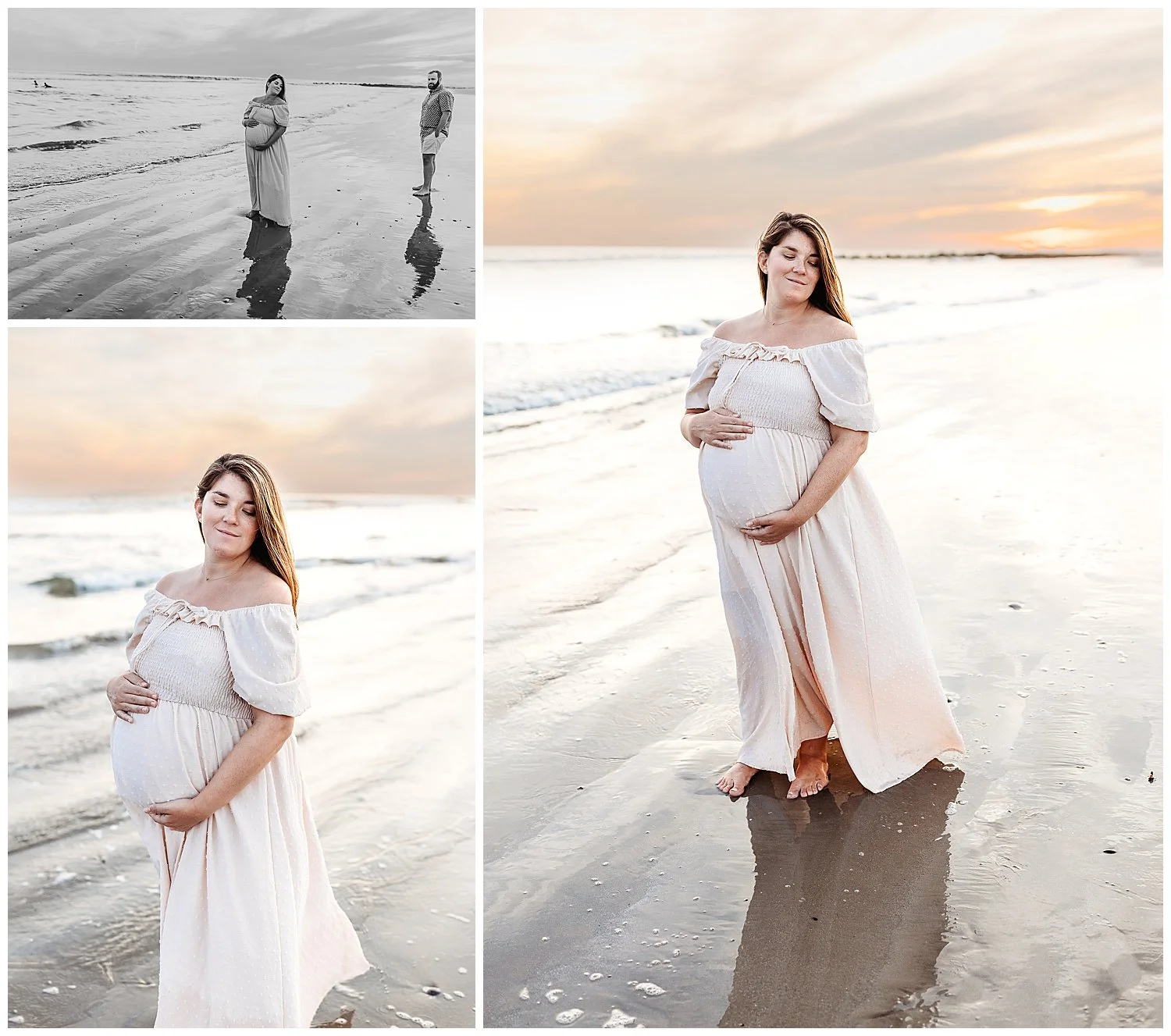pregnant woman with cottage core peasant dress on the beach at sunset in front of ocean looking off to side and holding belly and smiling