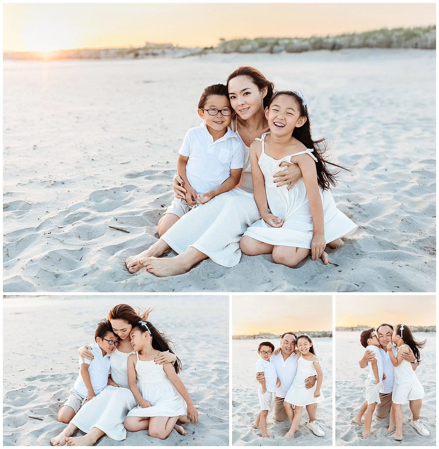 mother with her children seated on the sand at sunset