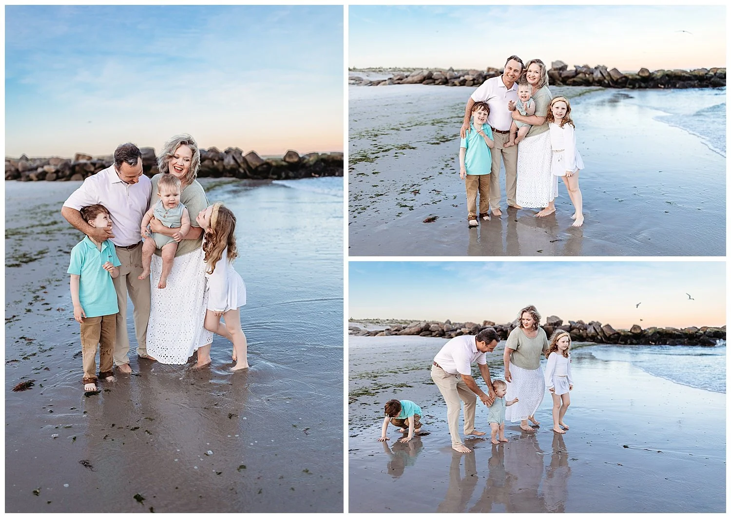 family in pink white and sage in the ocean at sunset with pink sky