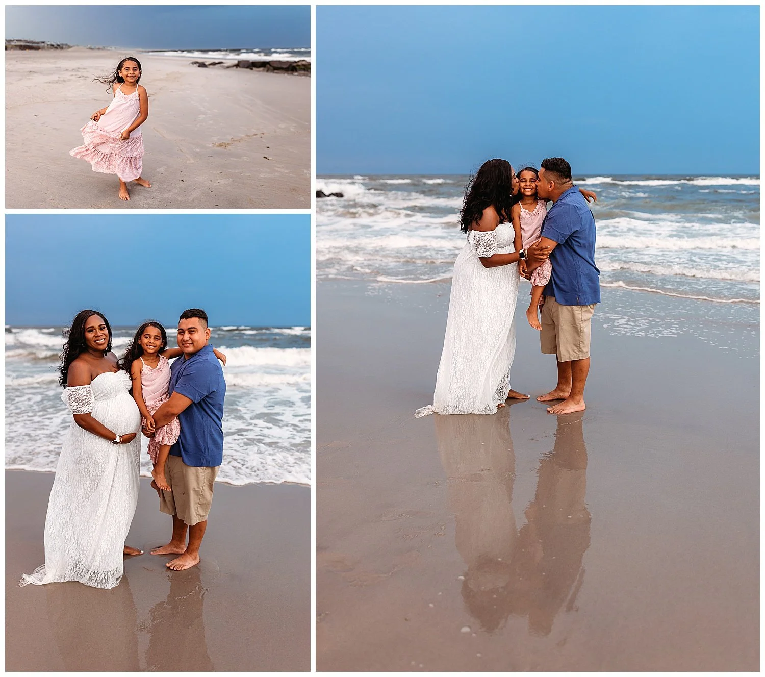 family at the beach with reflection in sand kissing little girl mom preganant white lace dress