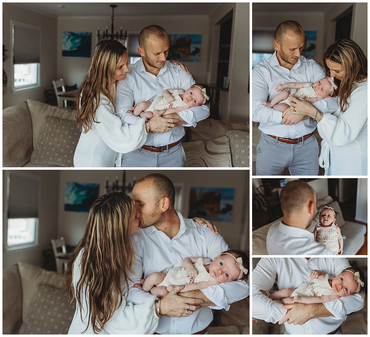 mom kissing baby on head while dad holds her in a living room