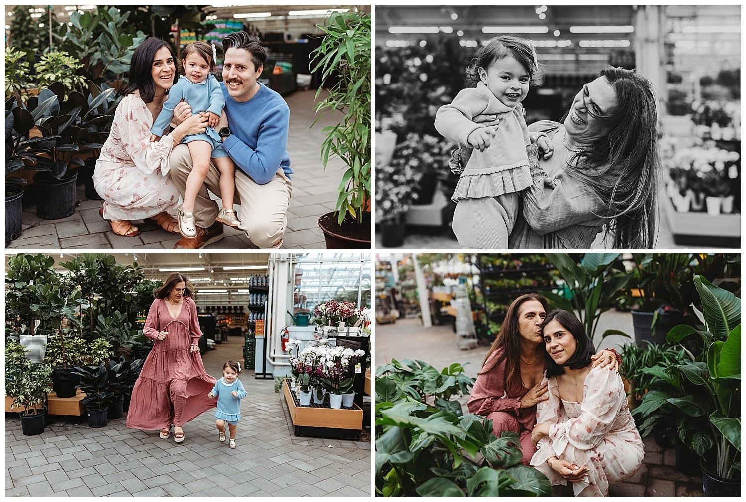 grandma running with toddler girl in pink maxi dress and they are in a greenhouse mother and duaghter sitting in green plants and mom is kissing daughter