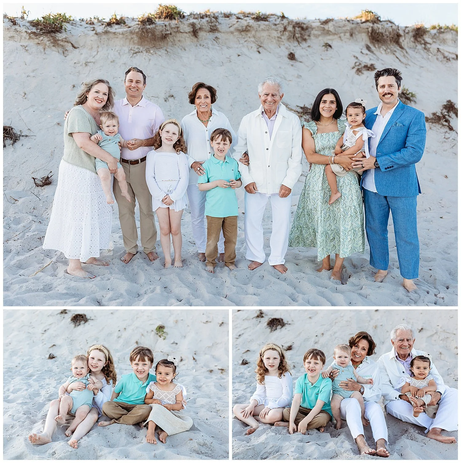 extended family portrait on the beach at sunset in front of a dune family in green blue white and pink