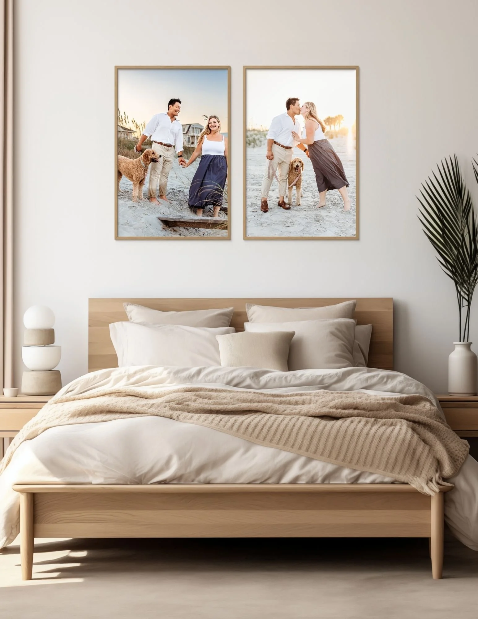 two large framed prints on a wall above a bed taken by a st augustine family photographer at sunset 