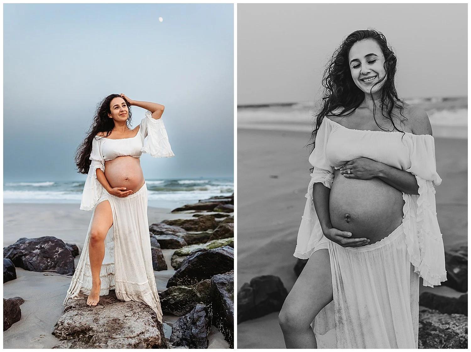 pregnant woman standing on a jetty holding bump and moon is sky