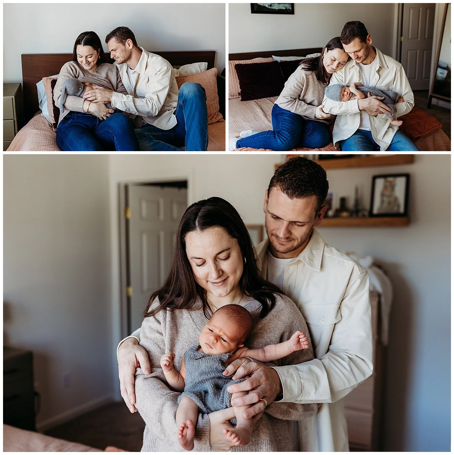 mother and father seated on the foot of a bed looking at baby boy mom laying head on husband's shoulder