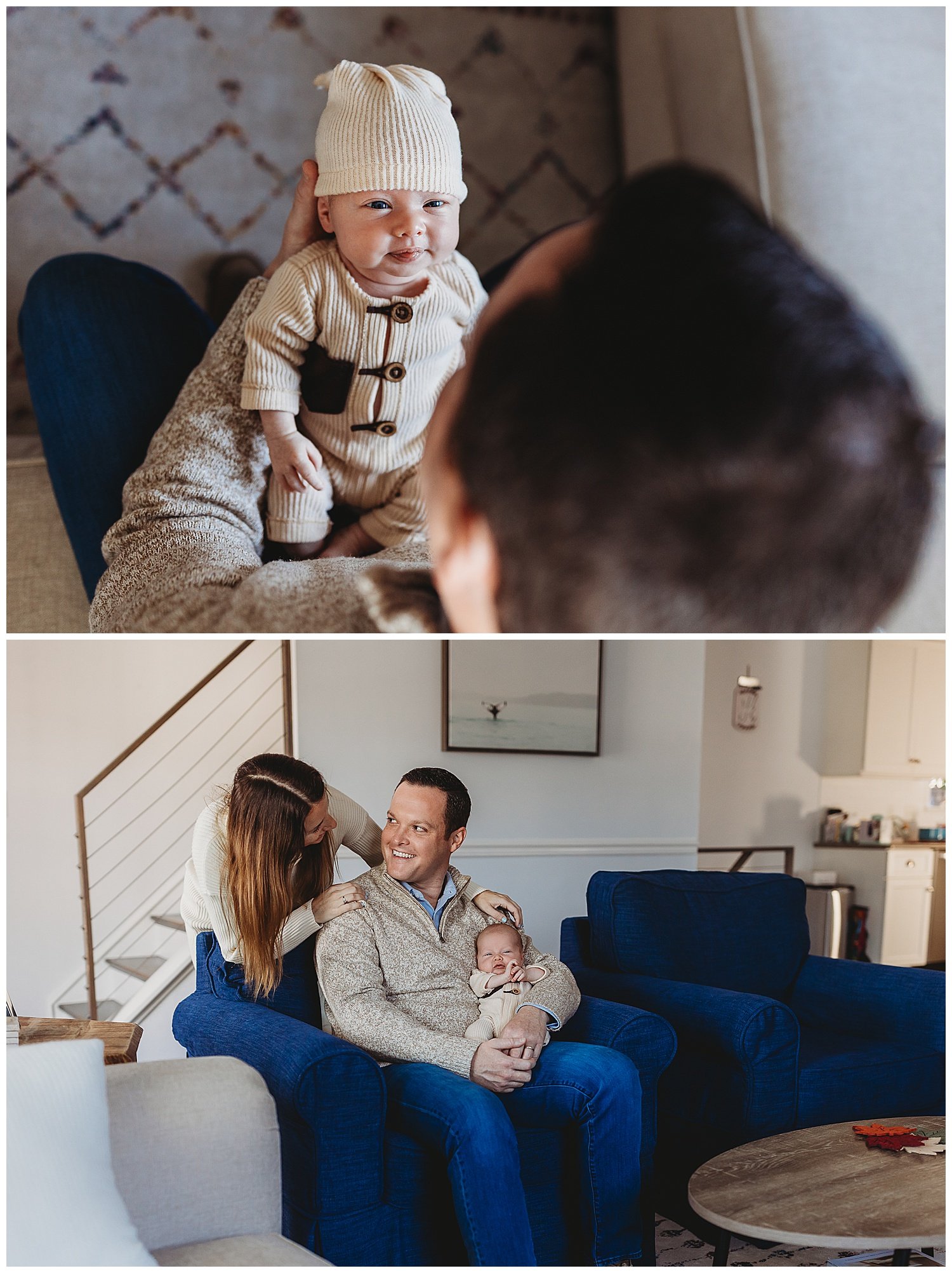 husband seated in blue arm chair and wife looking over his shoulder at the baby and husband is looking at wife baby in tan jumper