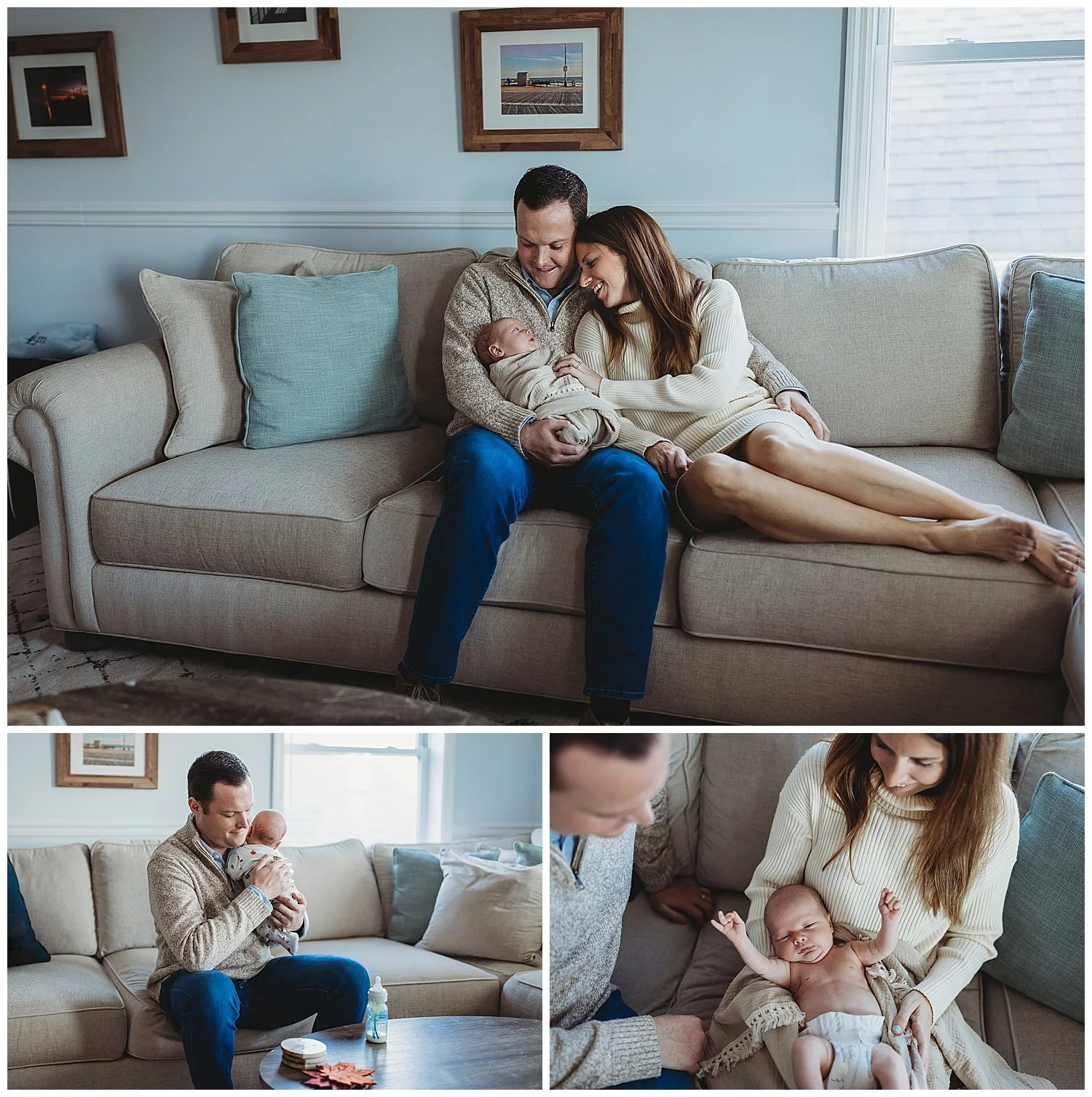 husband and wife laying on a tan couch looking at baby boy swaddled in tan muslin blanket