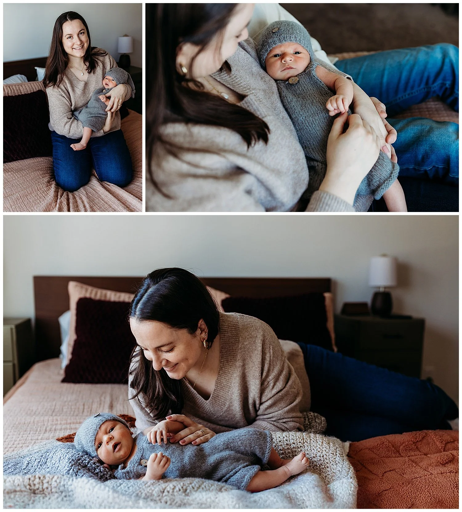 mother laying on a bed looking at her sleeping newborn baby boy