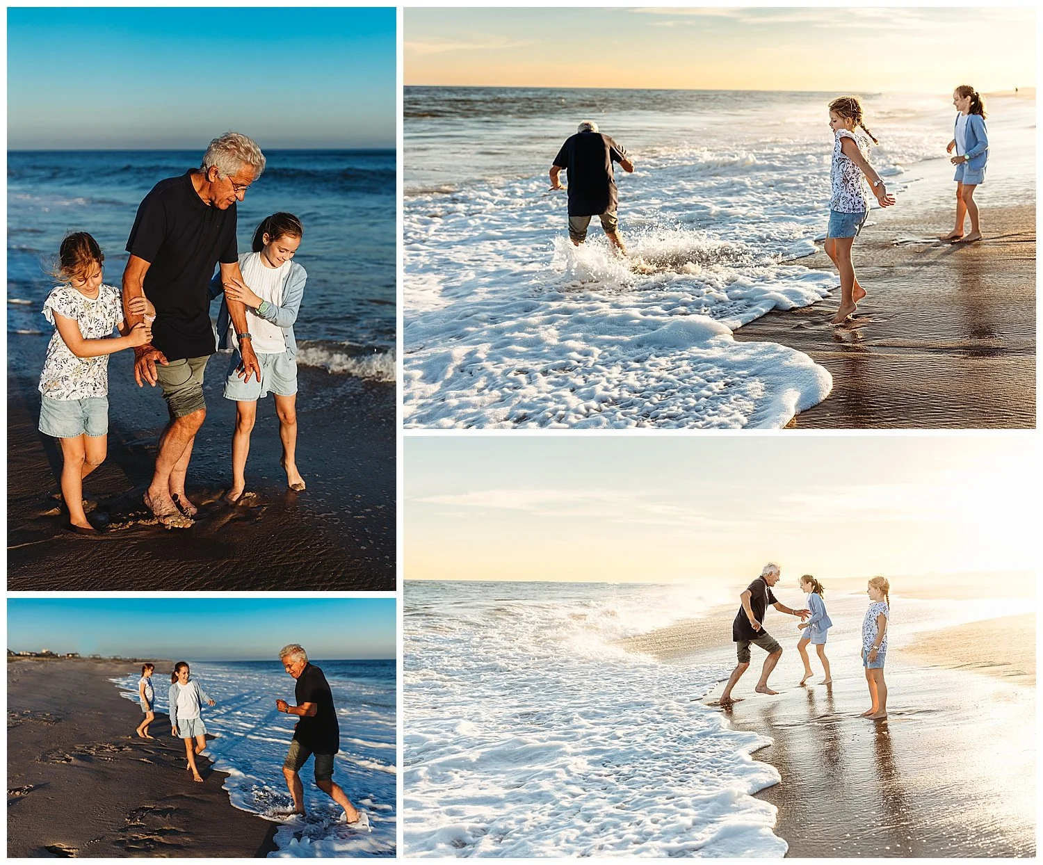 grandpa playing in the ocean at sunset with his granddaughters