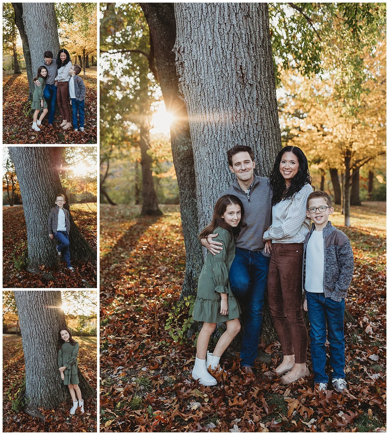 family leaning on a tree with sunset shining through back trees fall colors on ground and leaves embraced