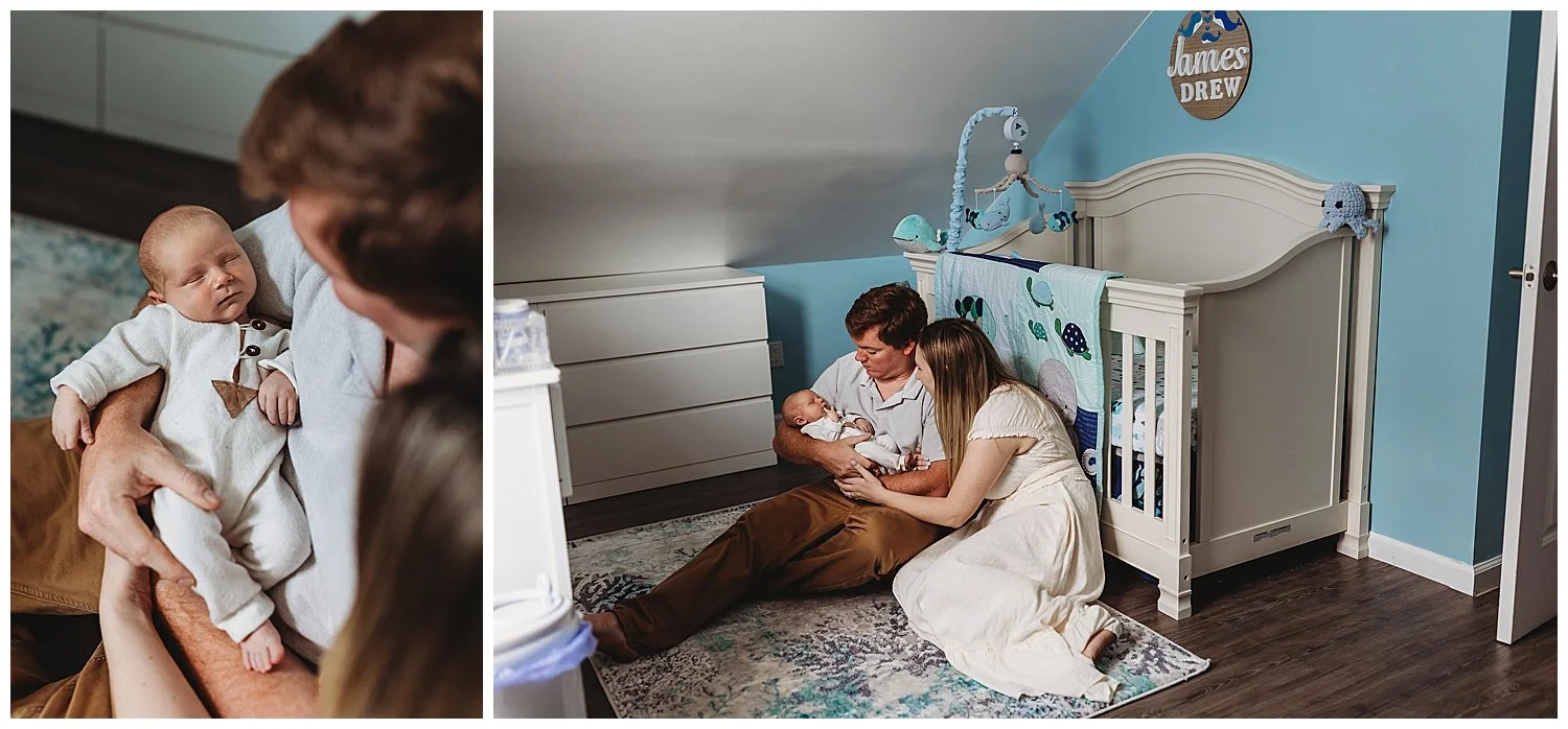 family seated in nursery in front of crib looking at baby boy