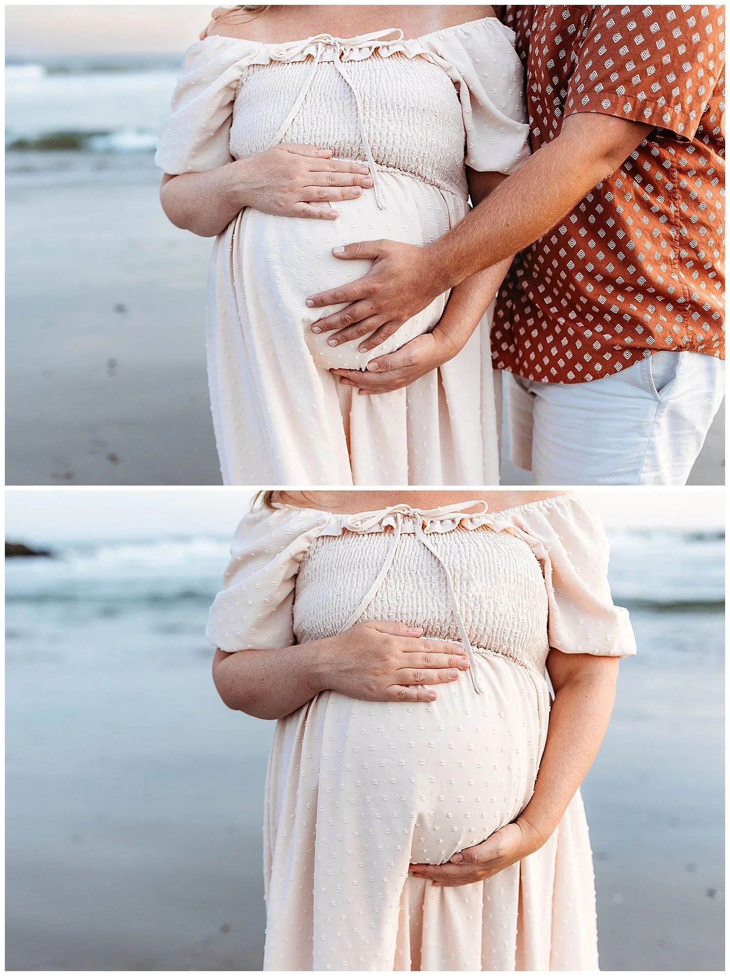 Close-up detail of hands resting on baby bump during maternity portrait session