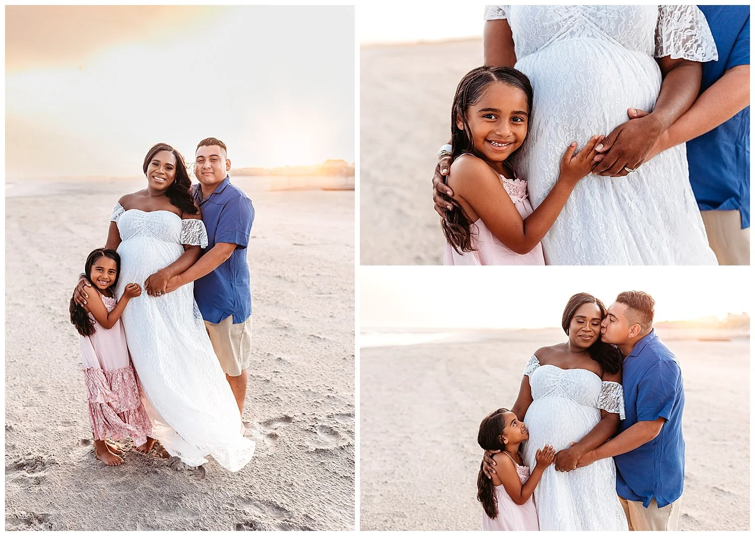 family standing on the beach in golden sunset mom in white maternity lace gown daughter in pink dress dad kissing mom on cheek