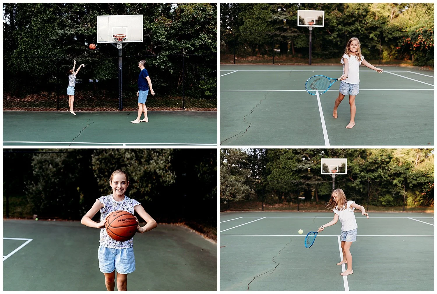 kids playing basketball and tennis in their backyard home in Jacksonville during a relaxed family photo session