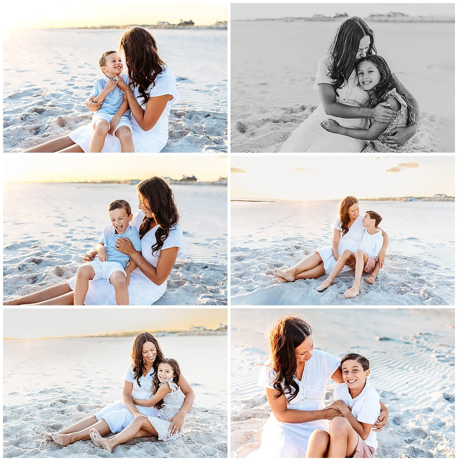 mother seated on sand at the beach at sunset and she is embracing her sons and daughter golden glow of sunset behind them looking at child daughter's head on chest