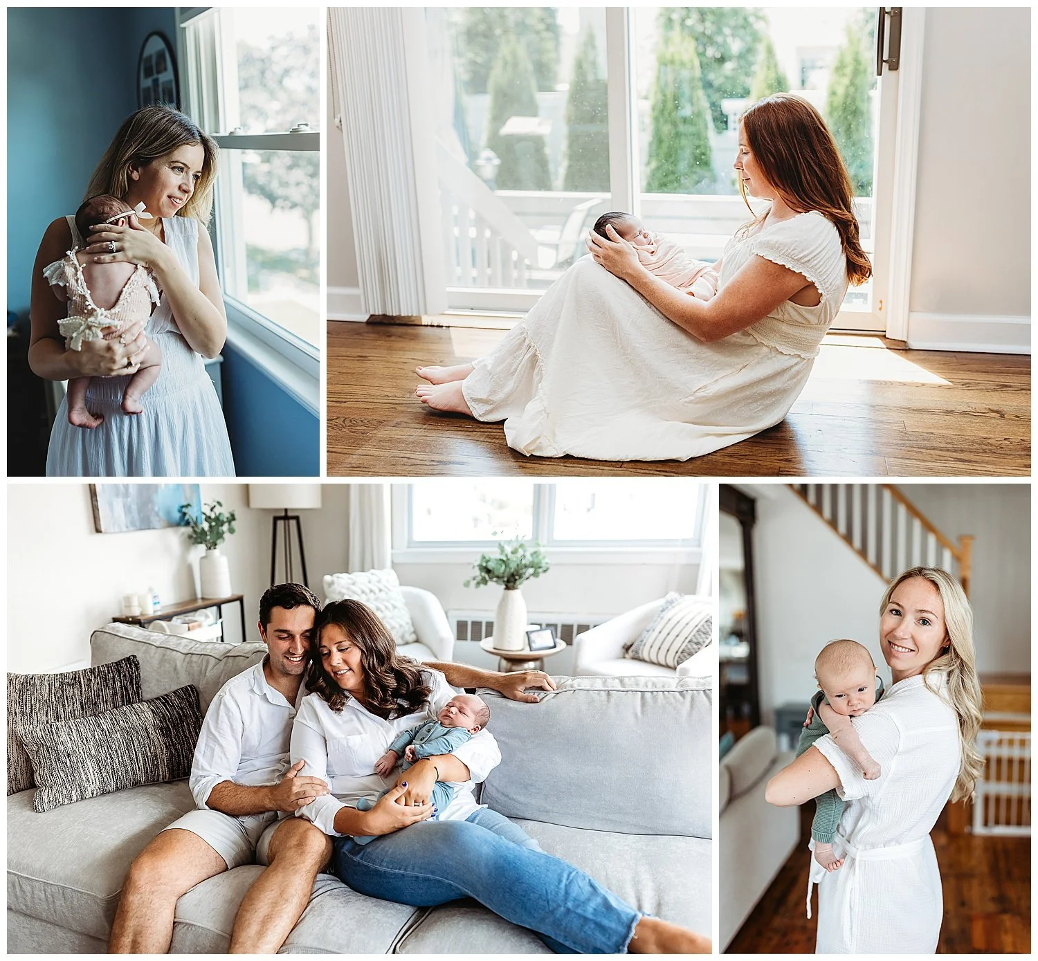 mother in a flowy neutral dress cuddling her baby by a window during a Ponte vedra lifestyle newborn session at home.