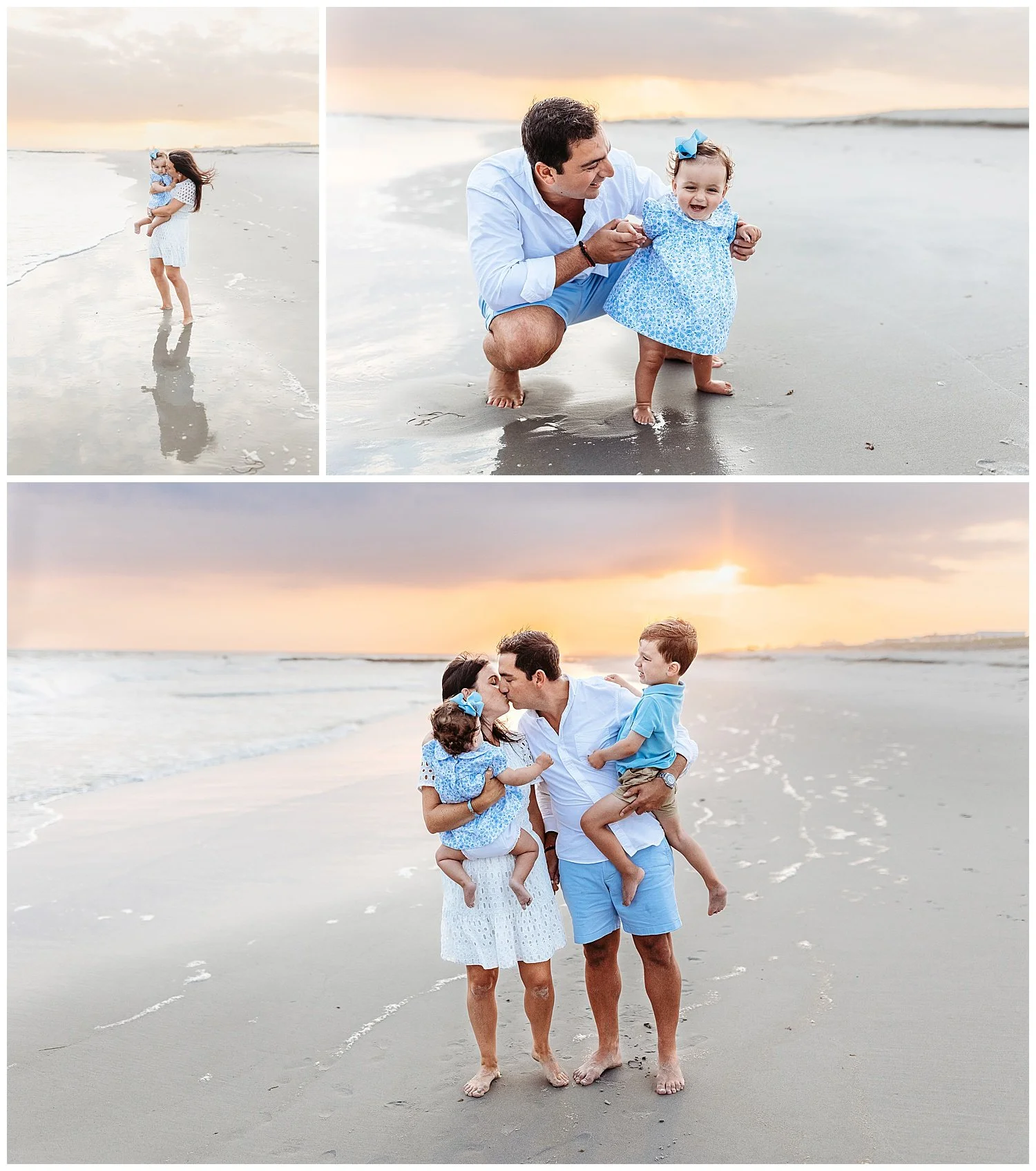 dad kneeling in sand holding one year old girl's hand ocean hitting feet laughing baby blue and ehite outfits mom holding baby at ocean edge reflection in water