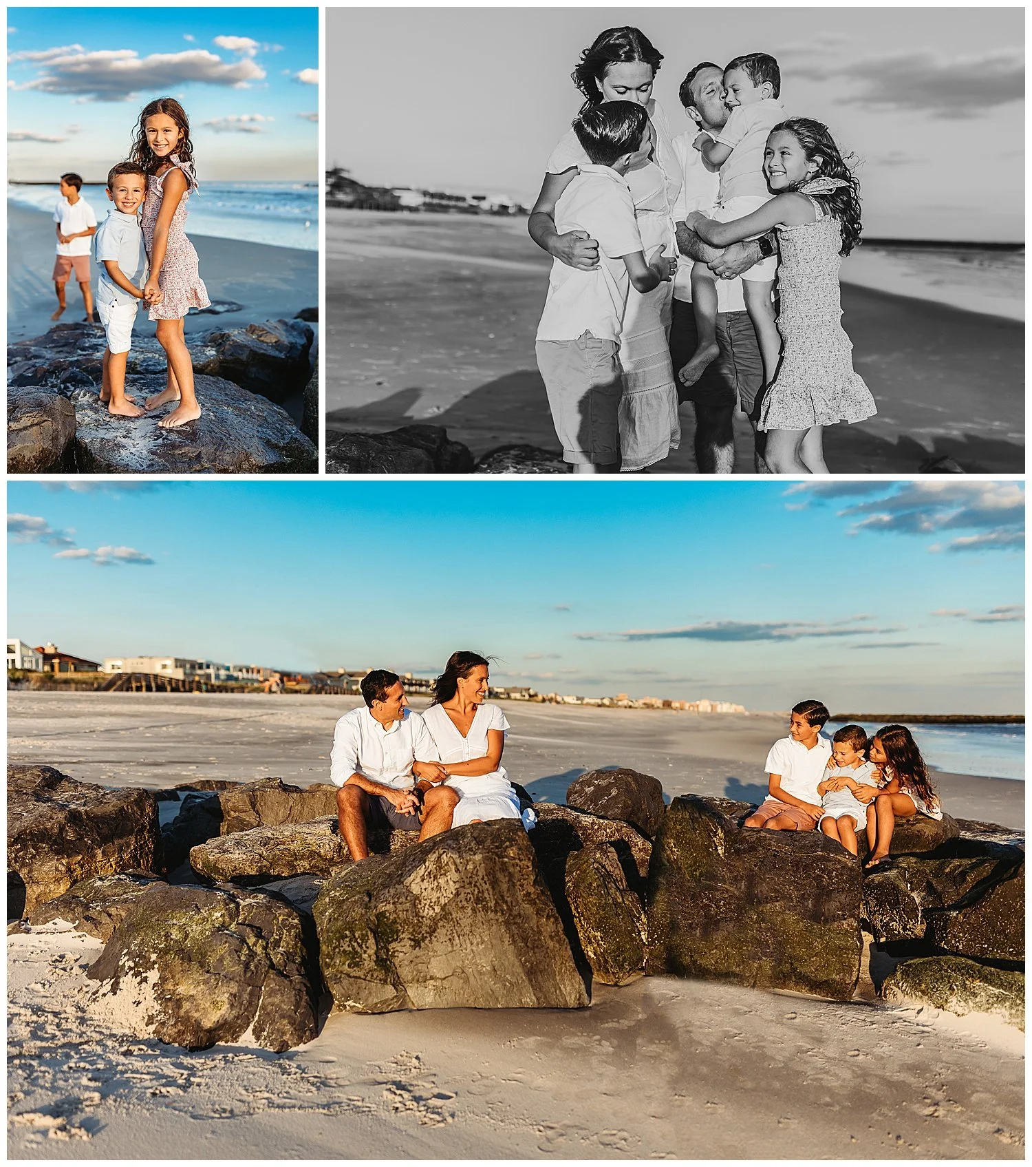 family in white pink and blue on a jetty at sunset with bright blue sky behind the and they are higging