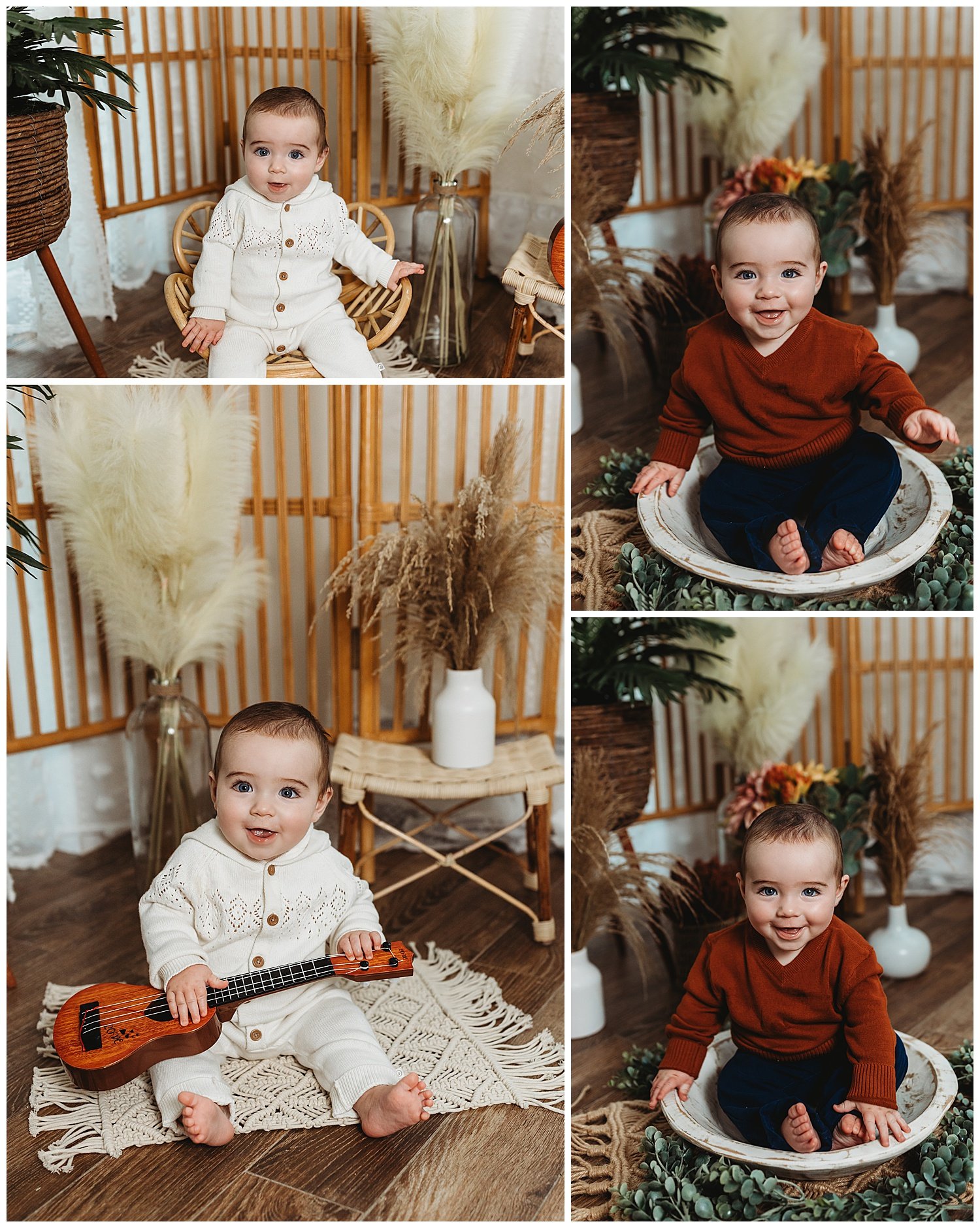 baby boy in rust shirt and jeans seated in an ivory wood bowl for six month old sitter photos in front of pampas grass and rattan room screen