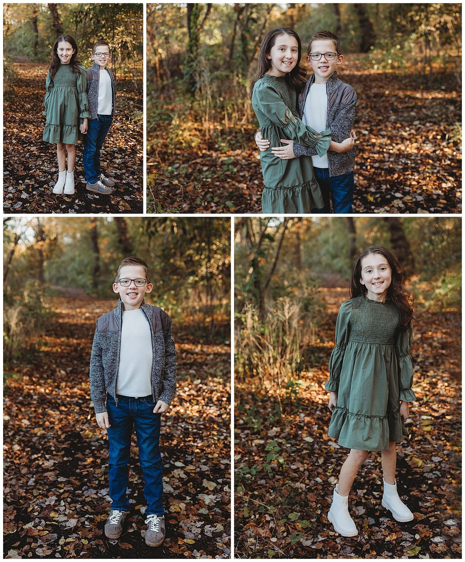 portraits of children on a dirt path with leaves on the ground wearing olive and grey bright Fall colors