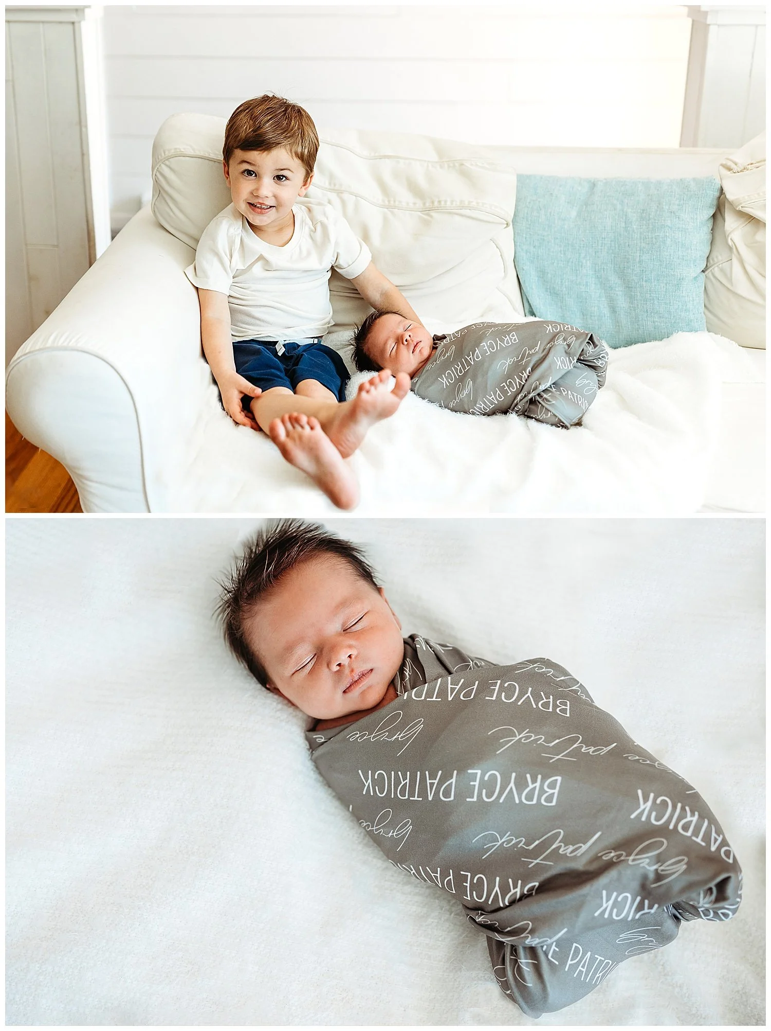 toddler boy sitting on white couch with baby brother swaddled in Caden Lane name swaddle