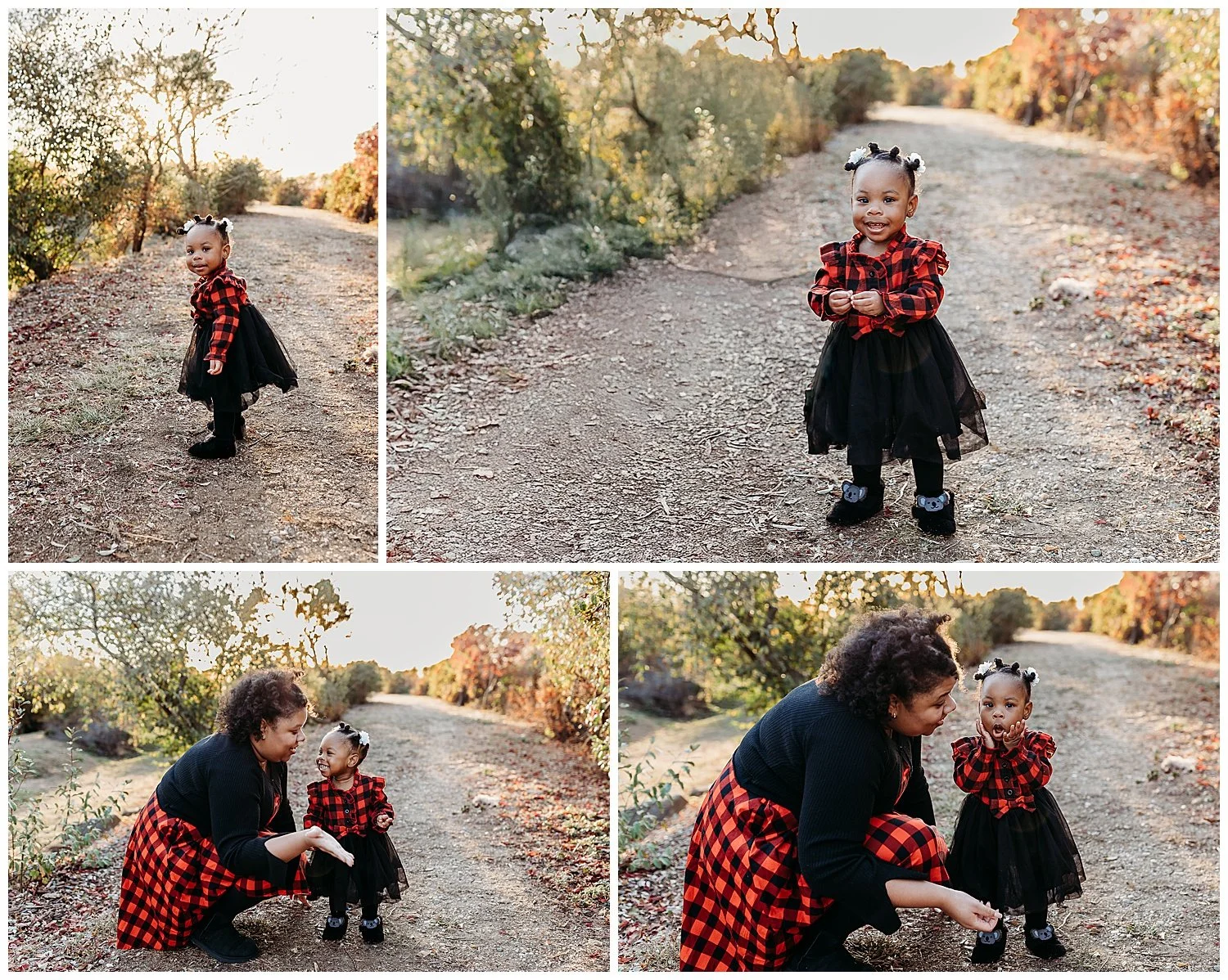 little girl in buffalo plaid tutu dress on a path at sunset