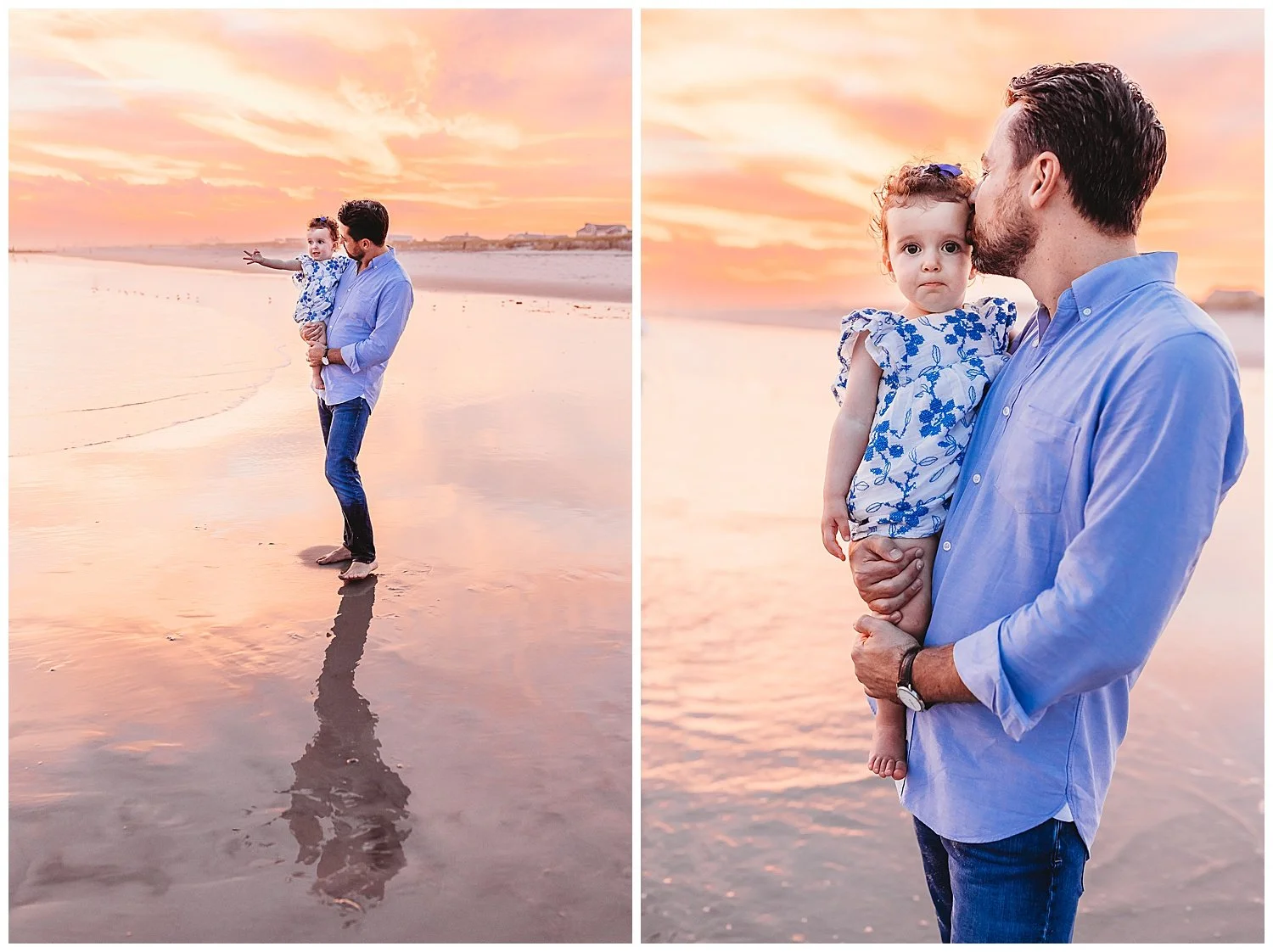 dad holding baby daughter in the ocean shore with goden orange glow from the sunset sky arpund them