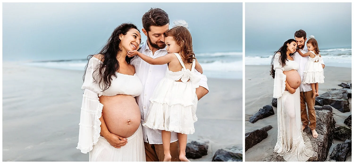 family in white on jetty sunset embraced daughter touching face