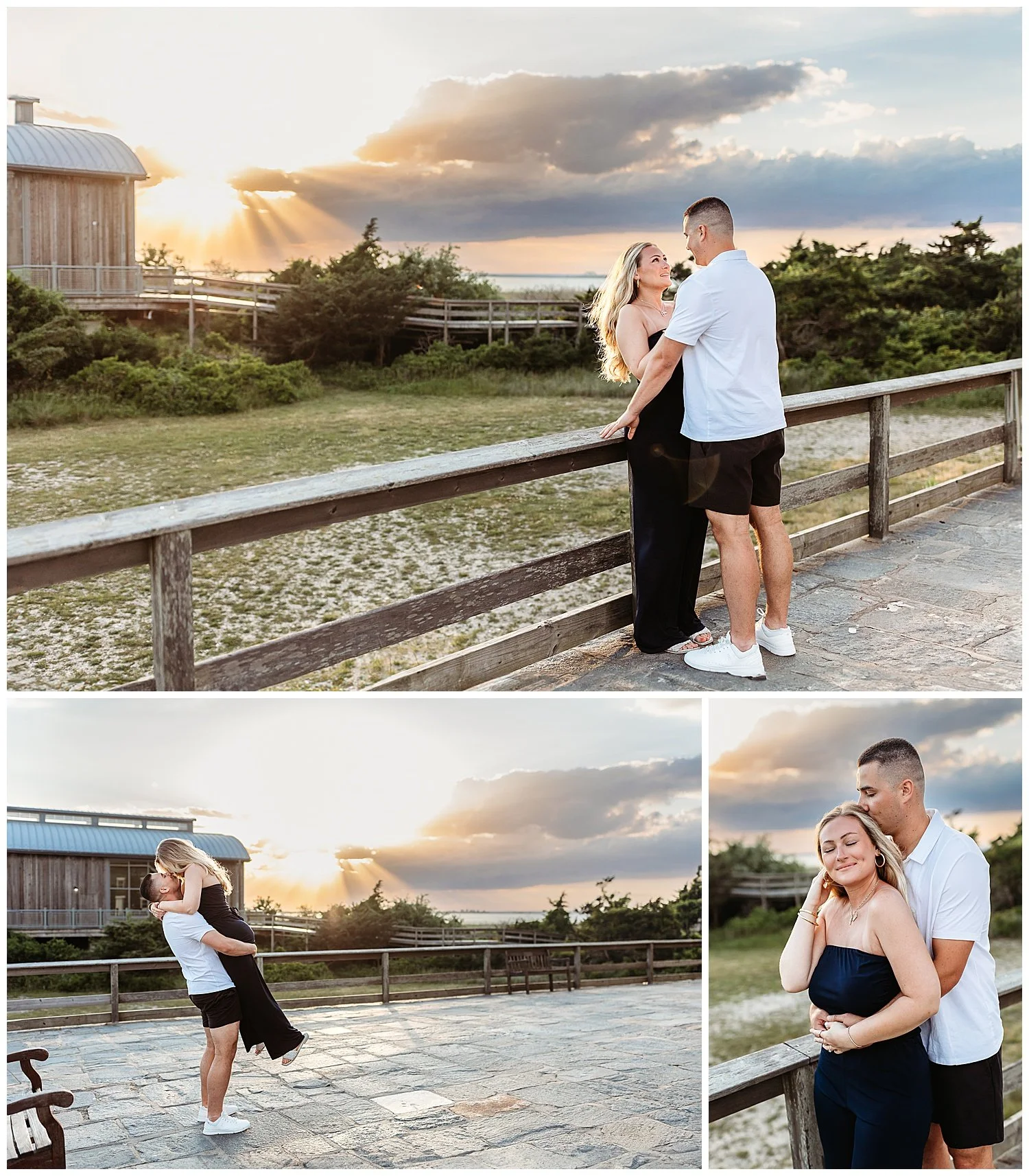 couple embraced leaning against a rail with stunning sunset through clouds