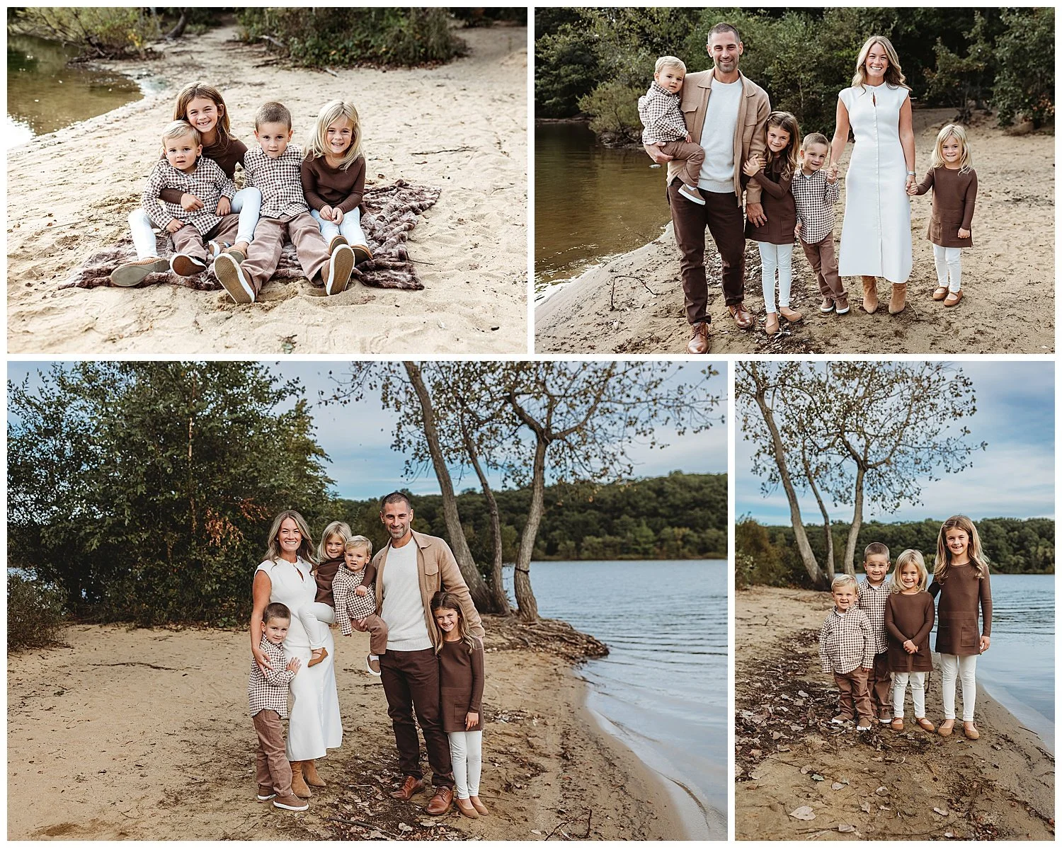 Parents and four children standing together for a family portrait beside the water.