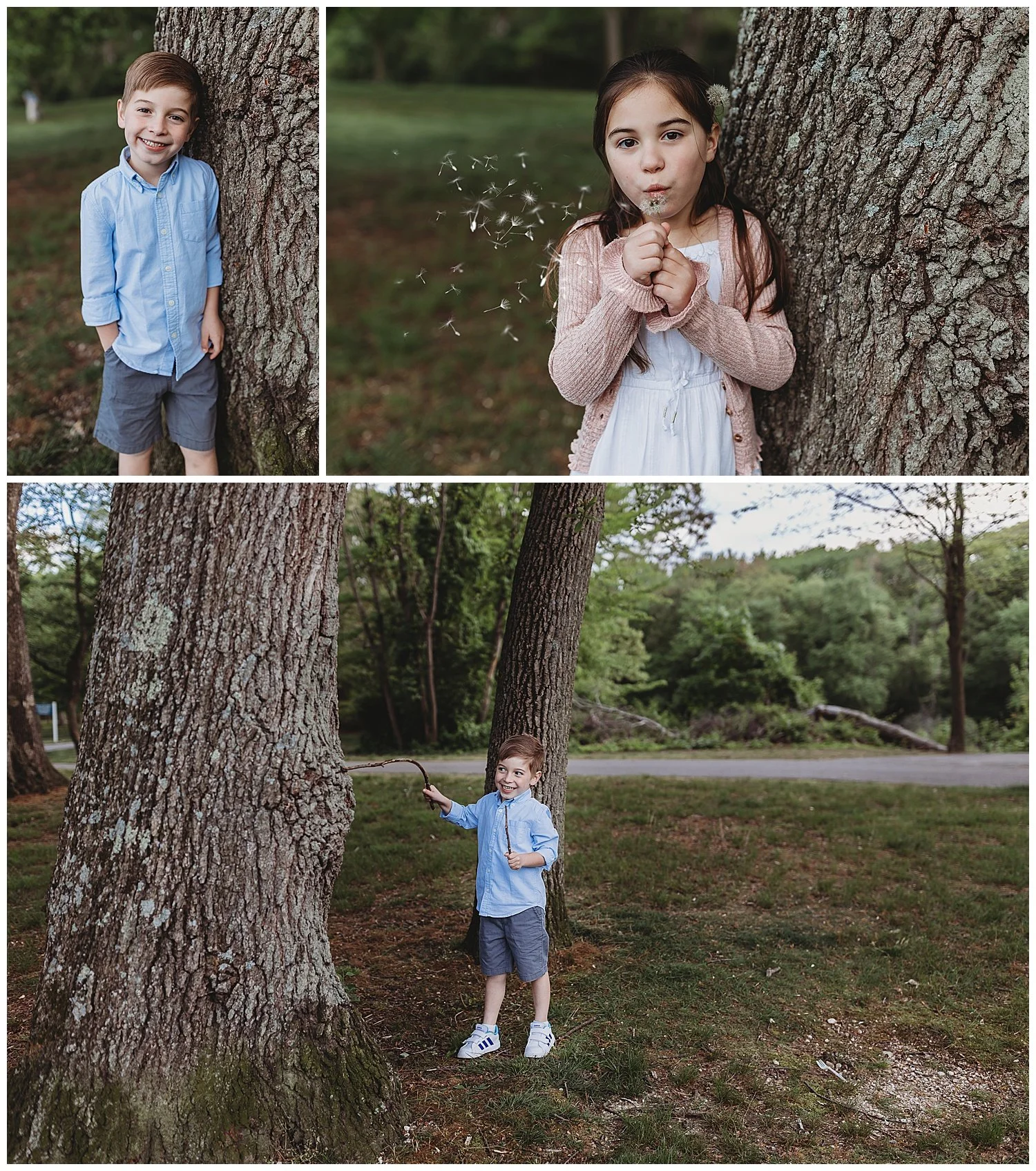 little girl leaning against tree blowing a dandelion