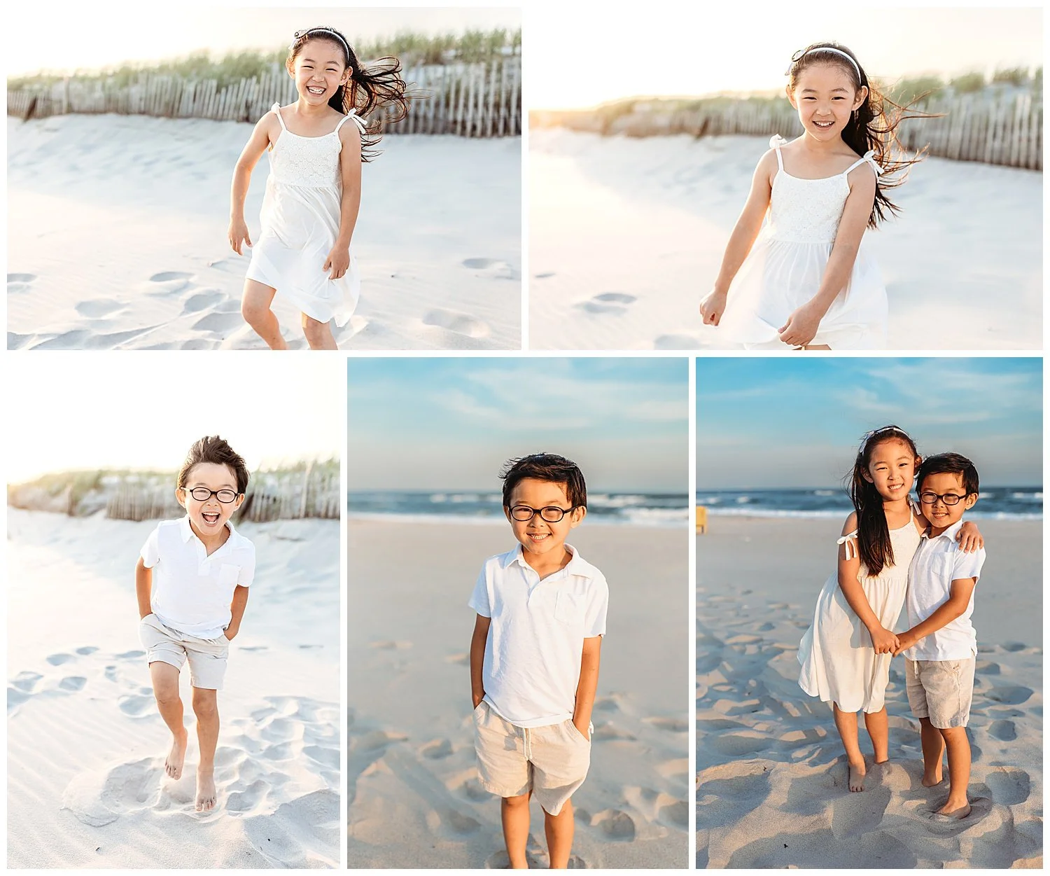 kids on the beach laughing and twirling sunset behind them hair blowing in wind