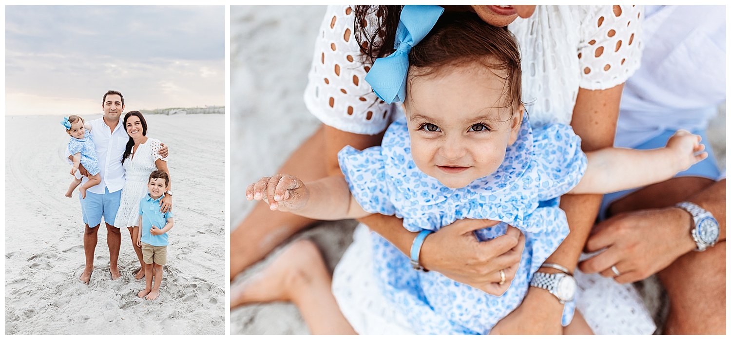 family in blue and white on the beach cloudy skies close up of baby girl in mom's lap