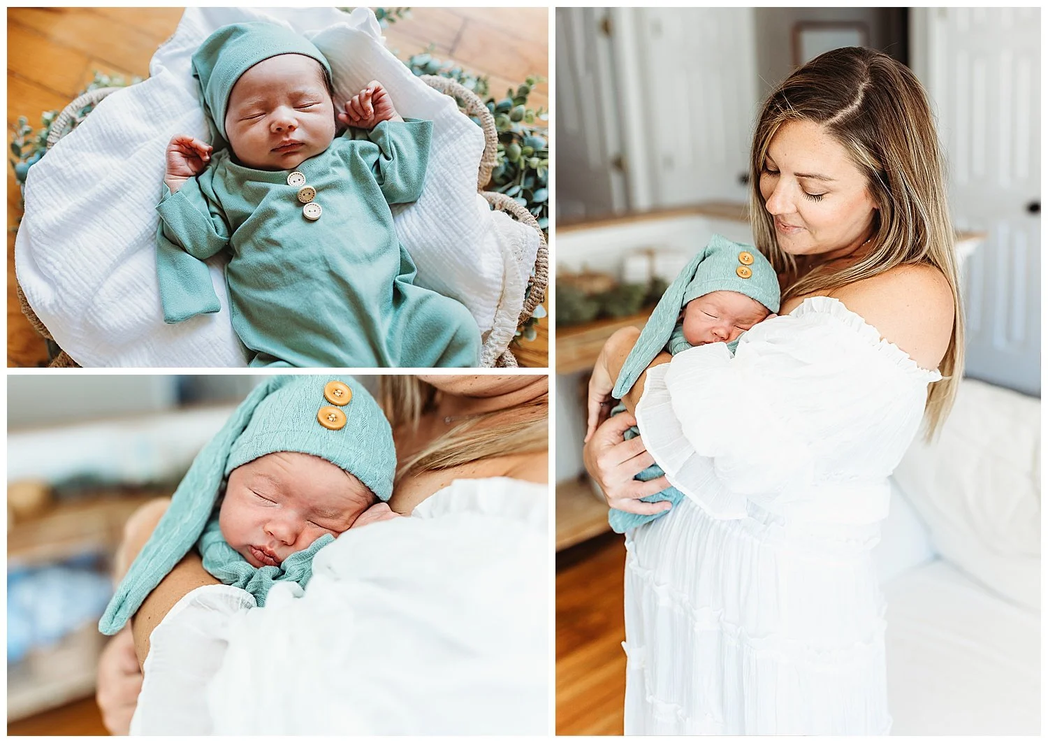 baby boy in sage green snuggled up with mom on her chest in a bright white shiplap farmhouse living room