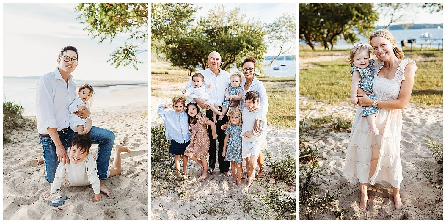 grandparents with grandchildren on a bay at sunset