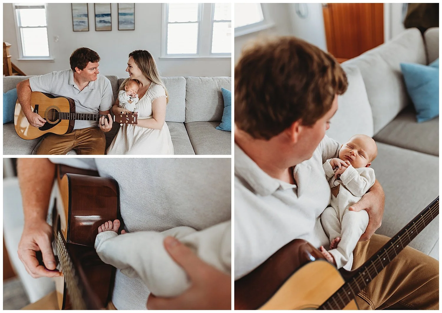 new parents sitting on a couch and dad playing guitar mom holding baby looking at each other smiling baby sleeping