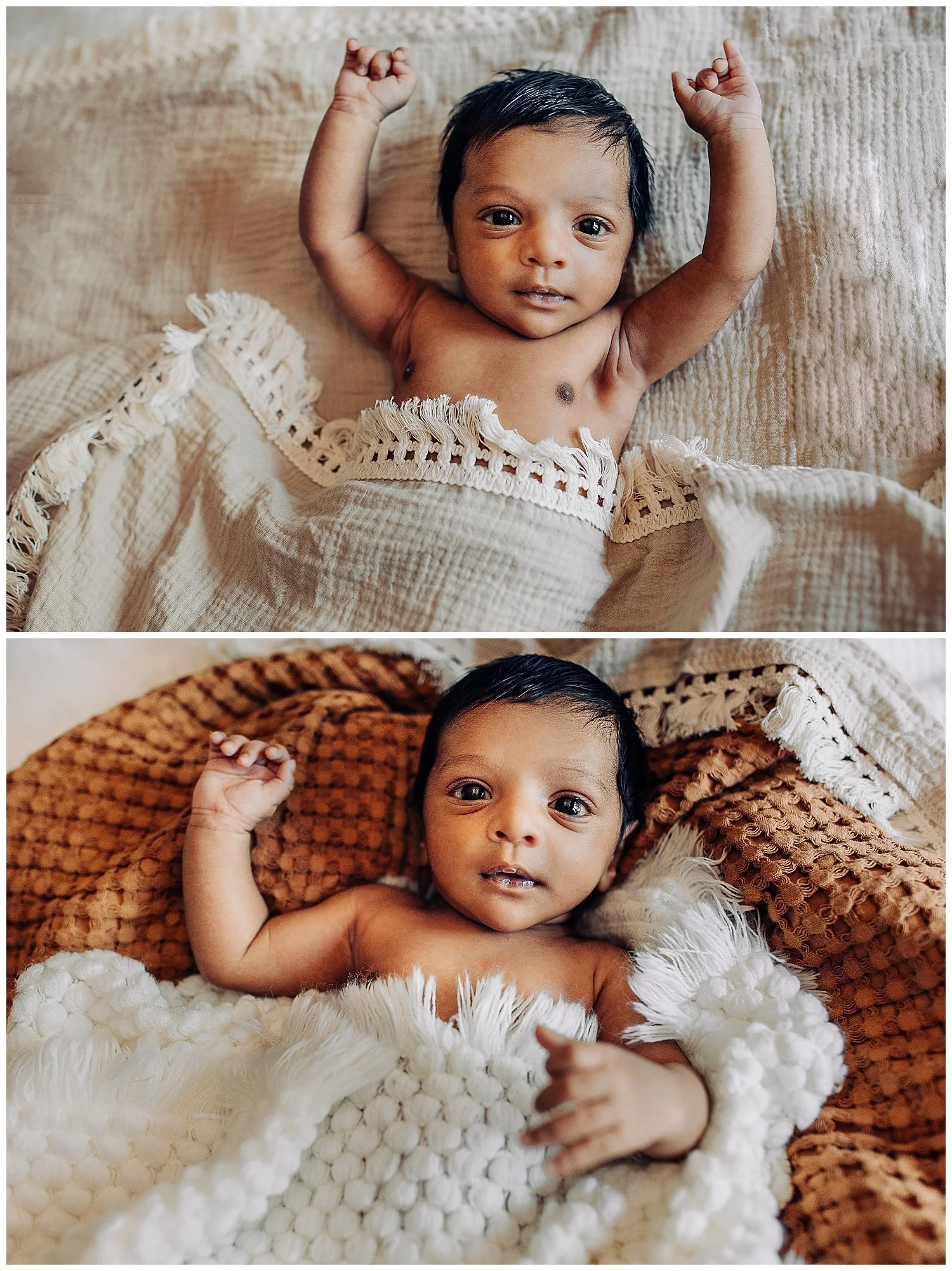 baby loosely swaddled in a muslin tan blanket with tassels and his hands are up as he stretches