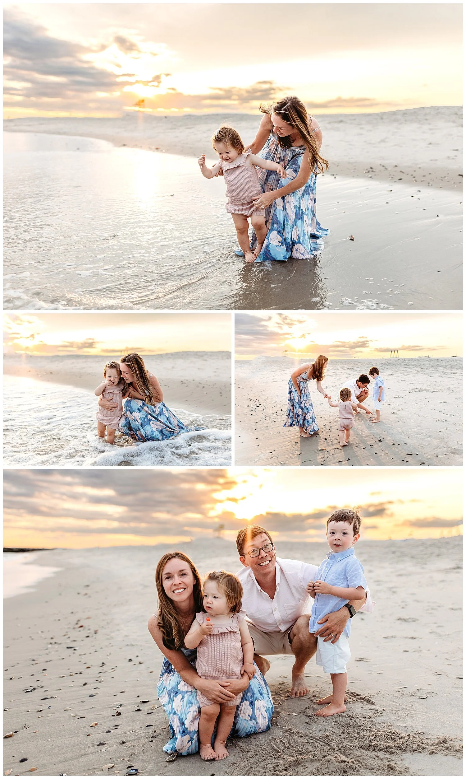 mom holding baby girl in the ocean at sunset while they both laugh